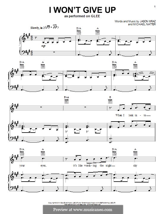 I Won't Give Up: Para vocais e piano (ou Guitarra) by Jason Mraz, Michael Natter