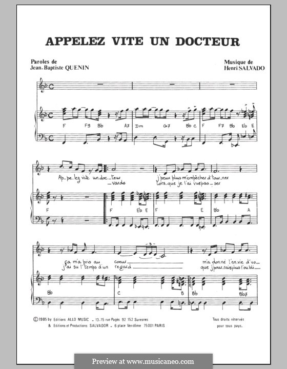 Appelez Vite Un Docteur: Para vocais e piano by Henri Salvador