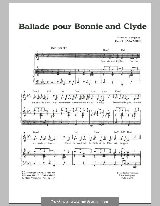 Ballade pour Bonnie and Clyde: Para vocais e piano by Henri Salvador