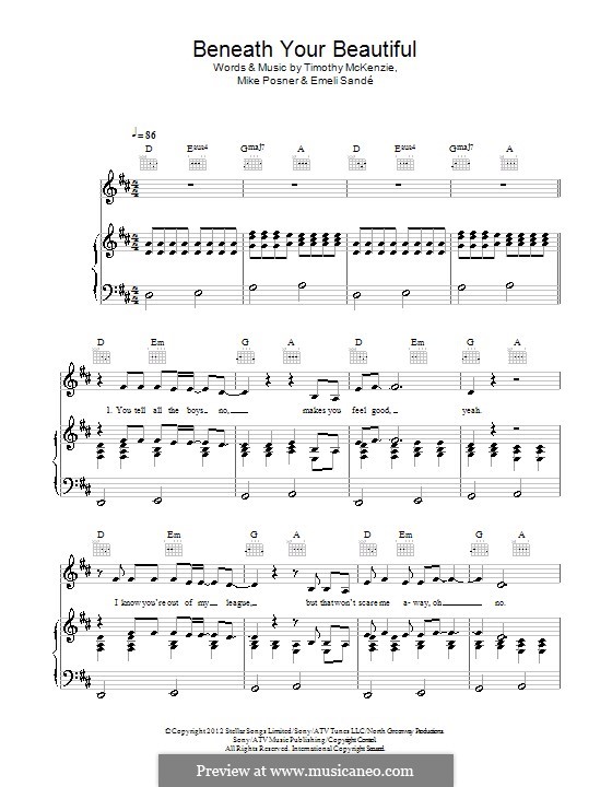 Beneath Your Beautiful: Para vocais e piano (ou Guitarra) by Emeli Sandé, Mike Posner, Timothy McKenzie