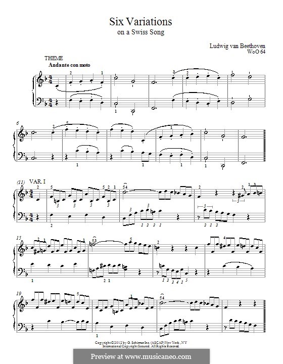 Six Easy Variations on Swiss Song for Piano, WoO 64: para um único musico (Editado por H. Bulow) by Ludwig van Beethoven