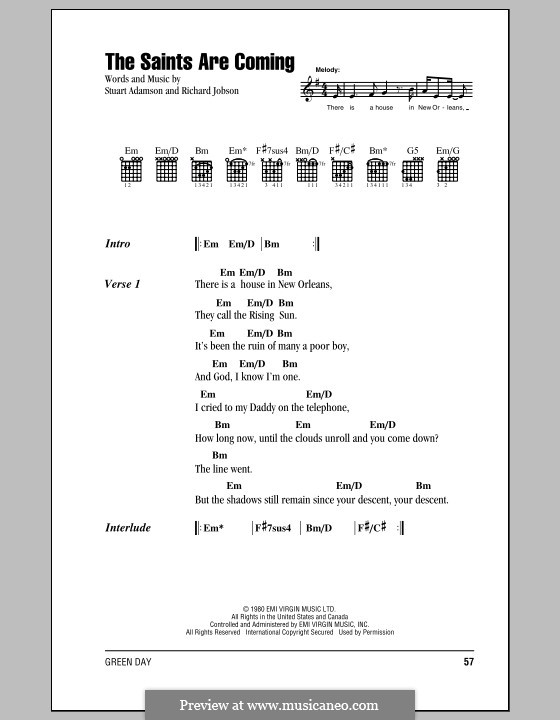 The Saints Are Coming: Lyrics and chords (Green Day) by Richard Jobson, Stuart Adamson