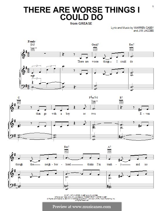 There Are Worse Things I Could Do (from Grease): Para vocais e piano (ou Guitarra) by Jim Jacobs, Warren Casey