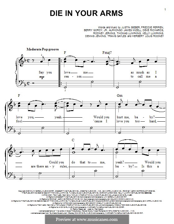 Die in Your Arms: Para Piano by Alphonso Mizell, Berry Gordy, Deke Richards, Freddie Perren, Justin Bieber