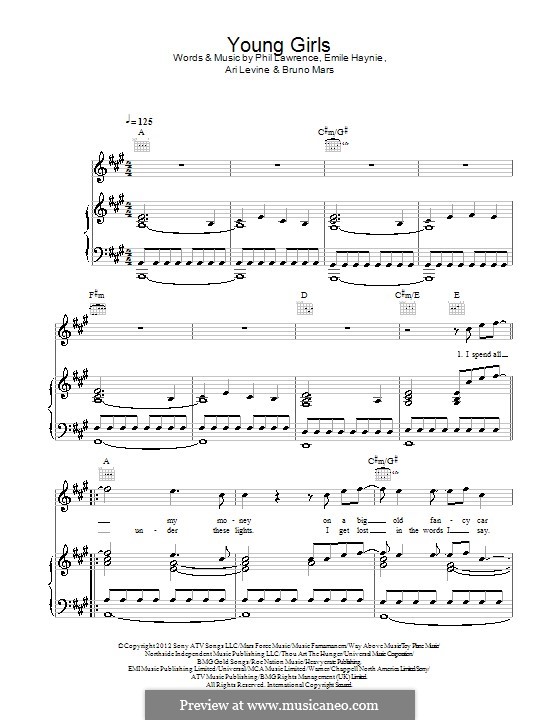 Young Girls: Para vocais e piano (ou Guitarra) by Ari Levine, Emile Haynie, Jeff Bhasker, Bruno Mars, Philip Lawrence