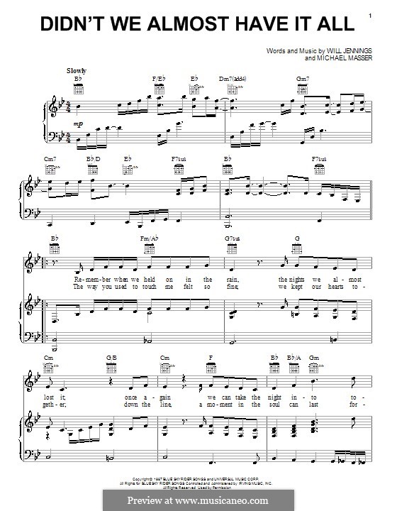 Didn't We Almost Have It All (Whitney Houston): Para vocais e piano (ou Guitarra) by Michael Masser, Will Jennings