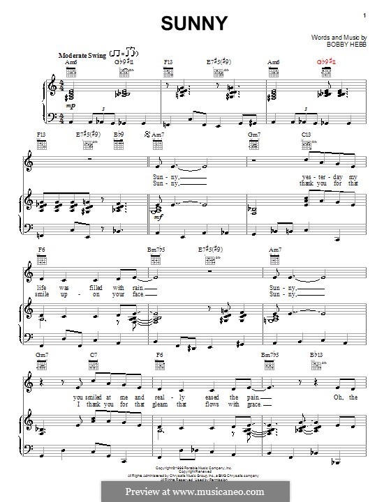 Sunny: Para vocais e piano (ou Guitarra) by Bobby Hebb