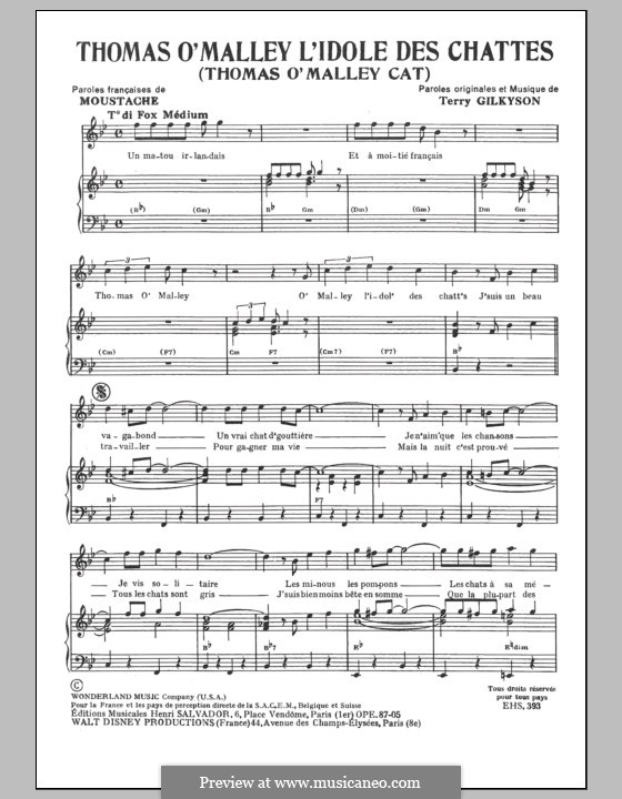 Thomas O'Malley L'idole Des Chattes (Henri Salvador): Para vocais e piano by Terry Gilkyson
