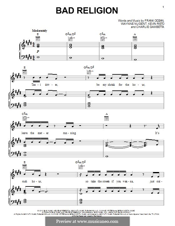 Bad Religion (Frank Ocean): For voice and keyboard (or guitar) by Kevin Risto, Waynne Nugent, Charlie Gambetta