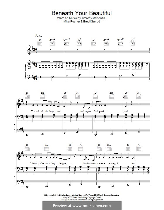 Beneath Your Beautiful: Para vocais e piano (ou Guitarra) by Emeli Sandé, Mike Posner, Timothy McKenzie