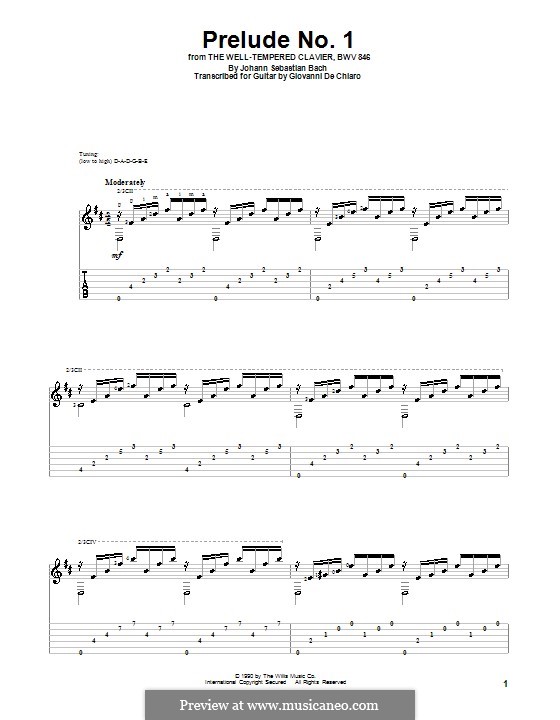 Prelude and Fugue No.1 in C Major, BWV 846: Prelude, for guitar with tab by Johann Sebastian Bach