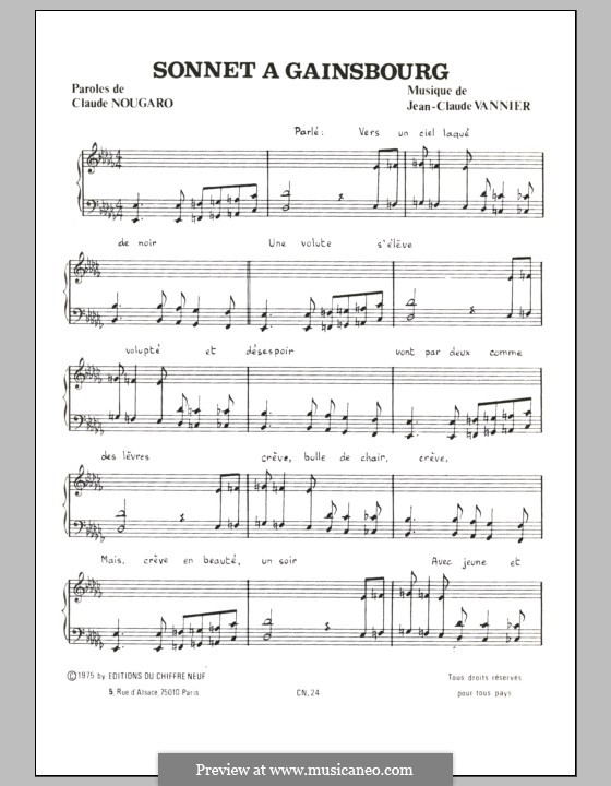 Sonnet a Gainsbourg: Para vocais e piano by Jean-Claude Vannier