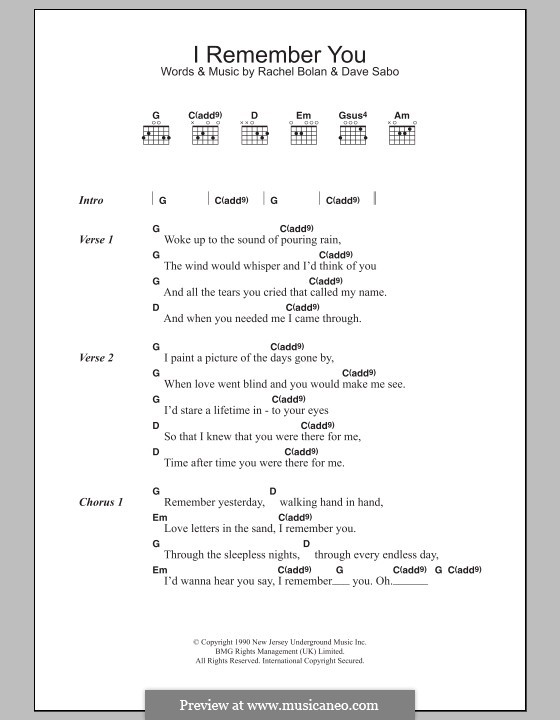 I Remember You (Skid Row): Parttitura principal by The Snake, Rachel Bolan