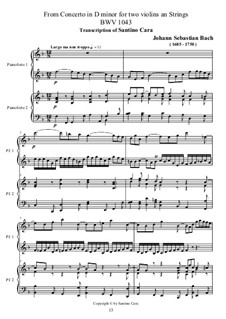 Double Concerto for Two Violins, Strings and Basso Continuo in D Minor, BWV 1043: Movement II. Transcriptions for piano duet by Johann Sebastian Bach