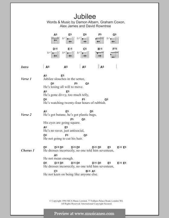 Jubilee (Blur): Letras e Acordes by Alex James, Damon Albarn, David Rowntree, Graham Coxon