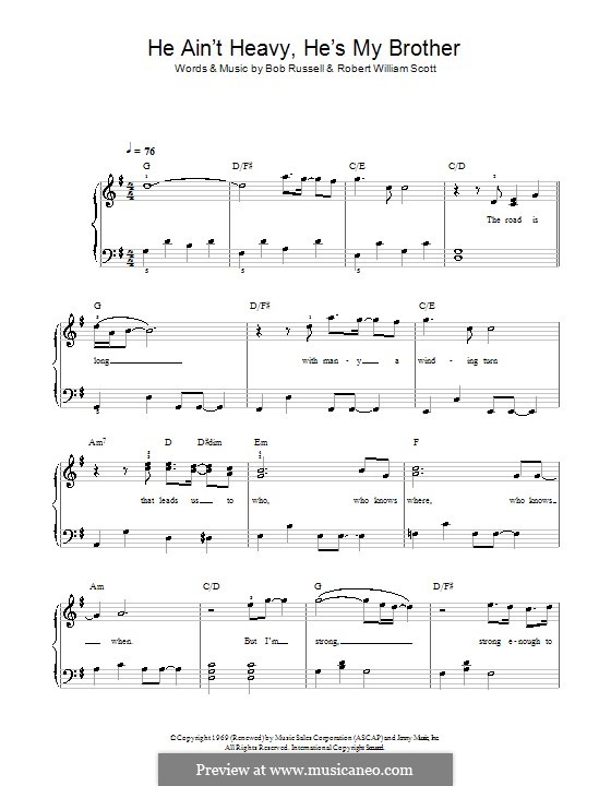 He Ain't Heavy, He's My Brother: Para Piano by Bobby Scott