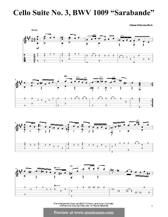 Suite for Cello No.3 in C Major, BWV 1009: Sarabande. Version for guitar with tab by Johann Sebastian Bach