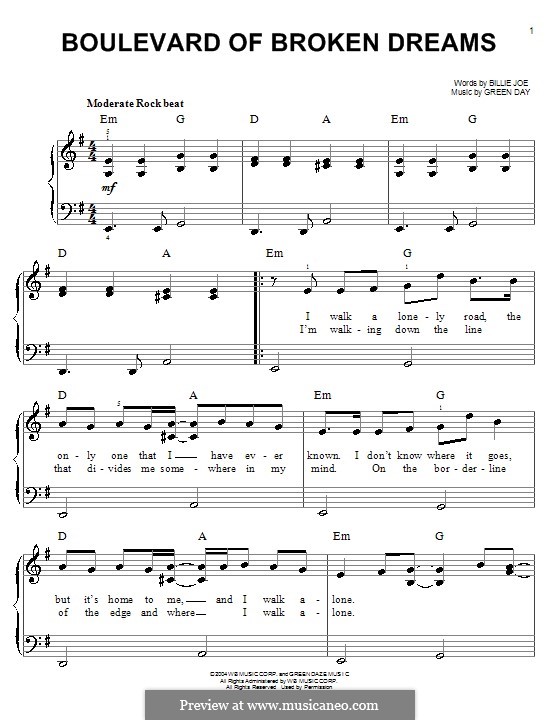 Boulevard of Broken Dreams (Green Day): Para Piano by Billie Joe Armstrong, Tré Cool, Michael Pritchard