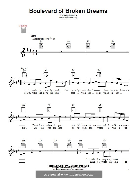 Boulevard of Broken Dreams (Green Day): para ukulele by Billie Joe Armstrong, Tré Cool, Michael Pritchard