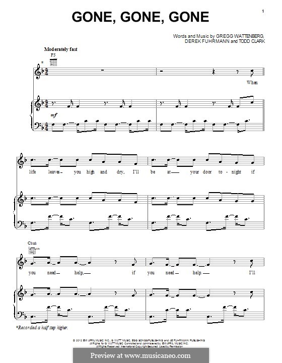 Gone, Gone, Gone: Para vocais e piano (ou Guitarra) by Gregg Wattenberg, Derek Fuhrmann