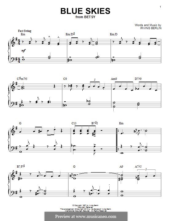 Blue Skies: For piano (jazz version) by Irving Berlin