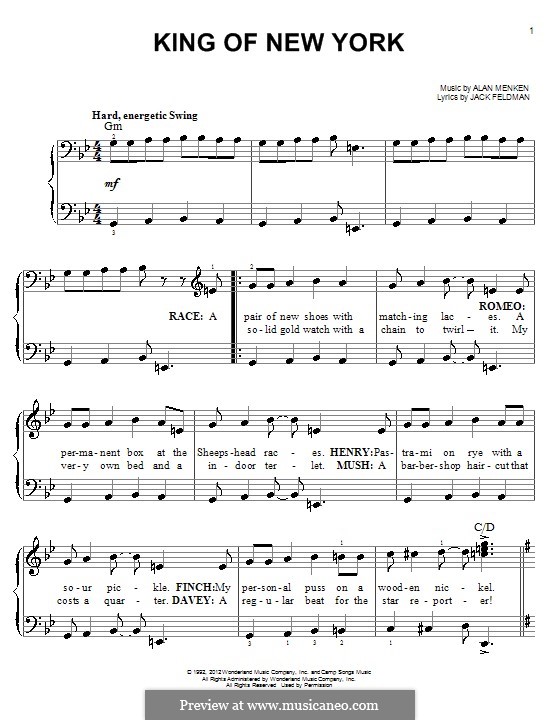 King of New York (from Newsies): Para Piano by Alan Menken