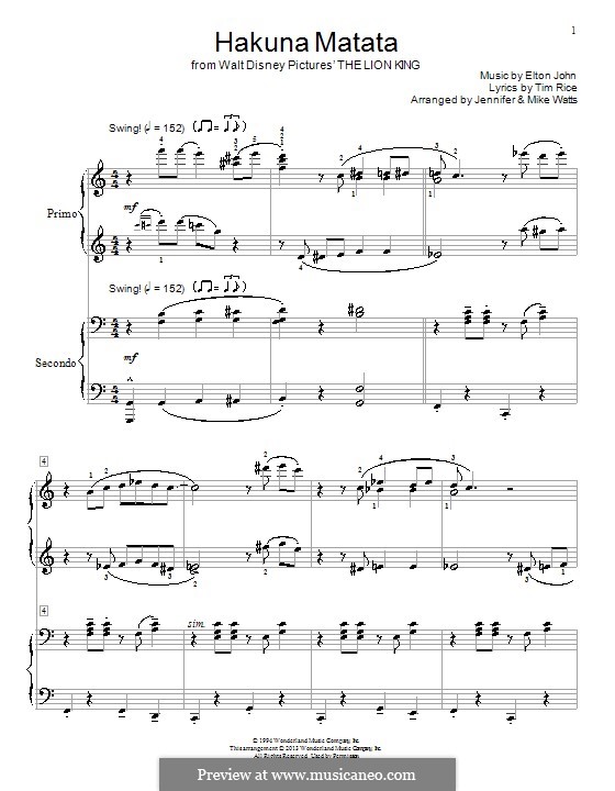 Hakuna Matata (from The Lion King): para piano de quadro mãos by Elton John