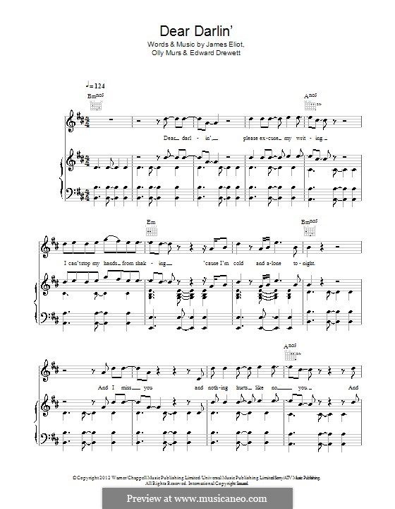 Dear Darlin': Para vocais e piano (ou Guitarra) by Ed Drewett, James Eliot, Olly Murs