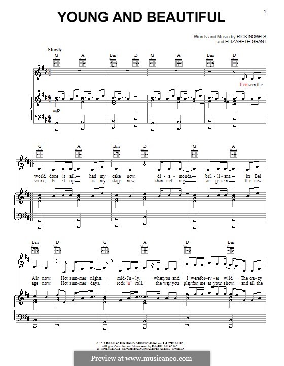 Young and Beautiful (Lana Del Ray): Para vocais e piano (ou Guitarra) by Rick Nowels, Elizabeth Grant