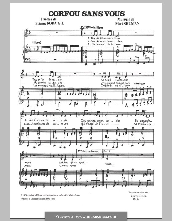 Corfou, Sans Vous: Para vocais e piano by Mort Shuman