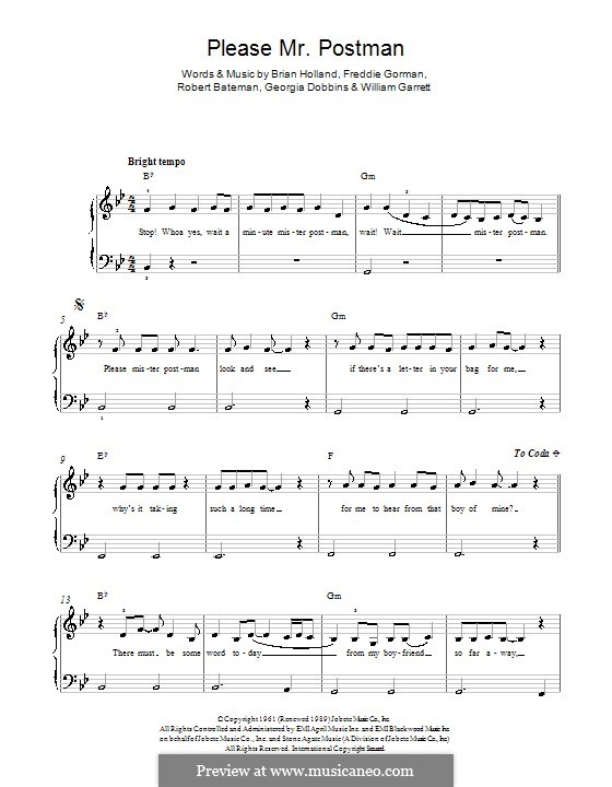 Please Mr. Postman: For piano (The Marvelettes) by Brian Holland, Freddie Gorman, Georgia Dobbins, Robert Bateman, William Garrett