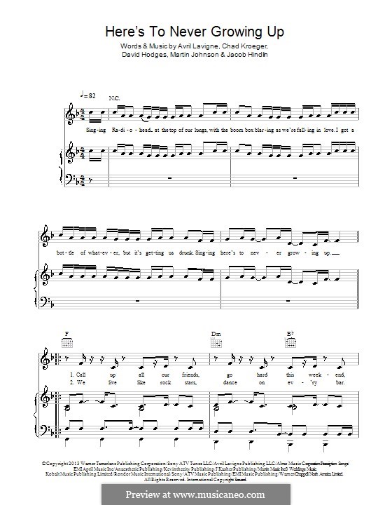 Here's To Never Growing Up: Para vocais e piano (ou Guitarra) by Avril Lavigne, Chad Kroeger, David Hodges, Jacob Kasher Hindlin, Martin Johnson