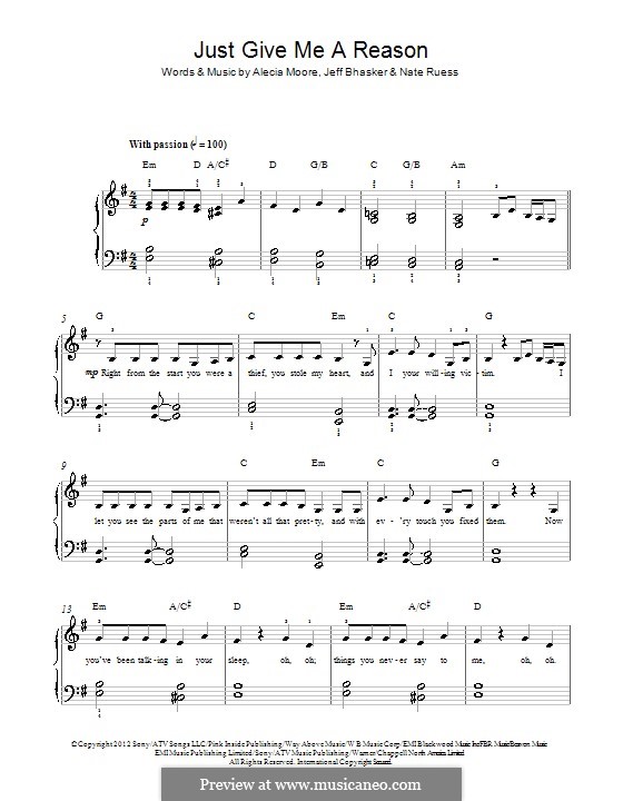 Just Give Me a Reason (Pink): Para Piano by Alecia Moore, Jeff Bhasker, Nathaniel Ruess