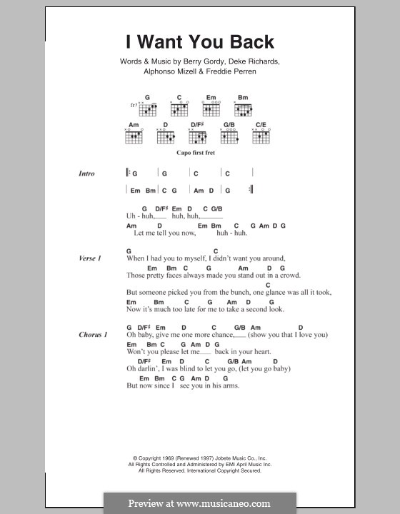 I Want You Back (The Jackson 5): Letras e Acordes by Alphonso Mizell, Berry Gordy, Deke Richards, Freddie Perren