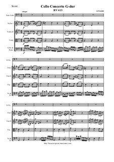 Concerto for Cello and Strings in G Major, RV 413: Score and parts by Antonio Vivaldi