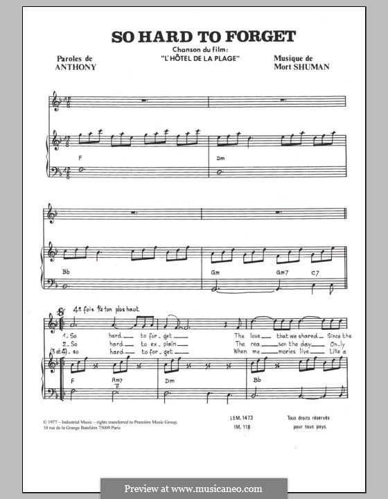 So Hard to Forget: Para vocais e piano by Mort Shuman