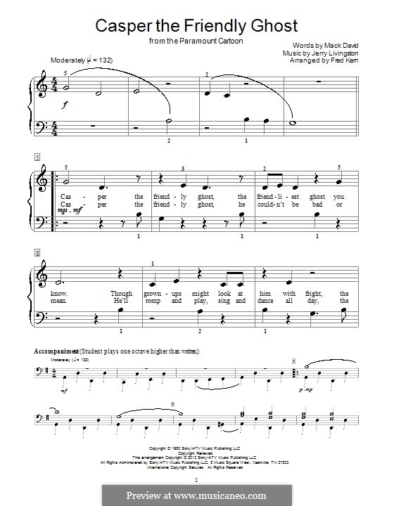 Casper the Friendly Ghost: Para Piano by Jerry Livingston