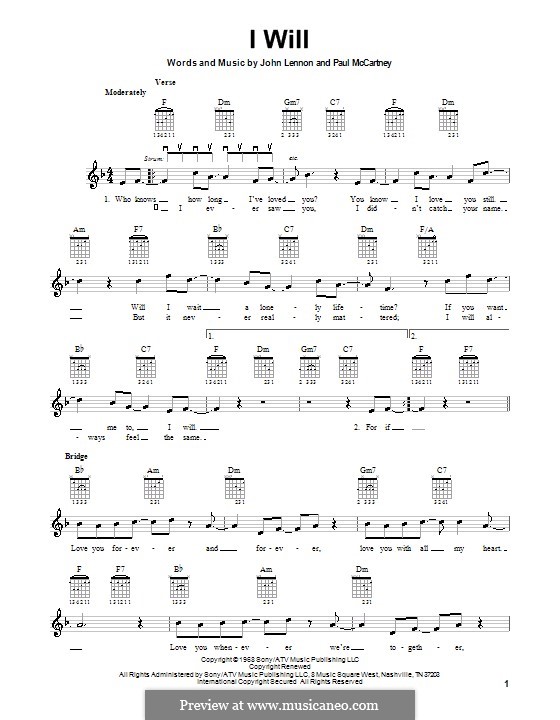 I Will (The Beatles): For electric guitar by John Lennon, Paul McCartney