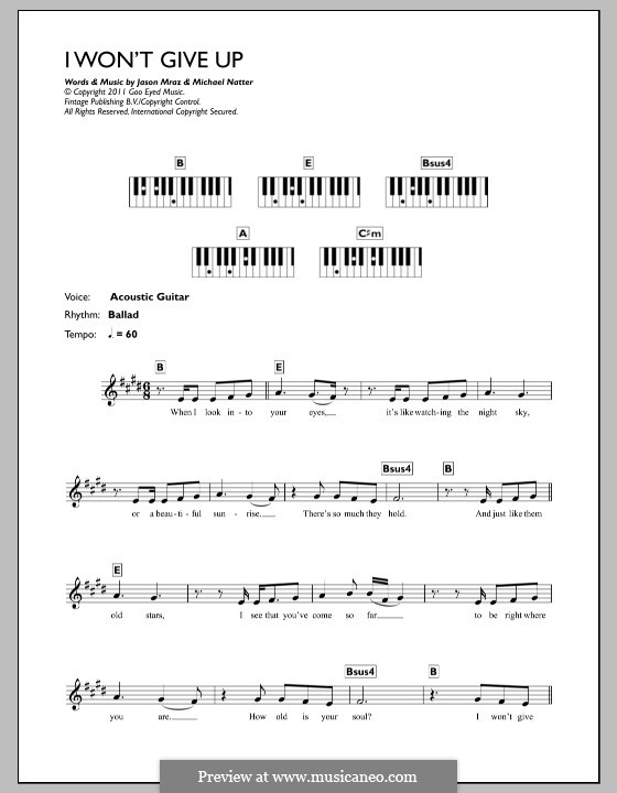 I Won't Give Up: para teclado by Jason Mraz, Michael Natter