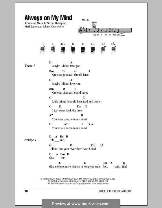 Always on My Mind: para ukulele by Johnny Christopher, Mark James, Wayne Carson Thompson