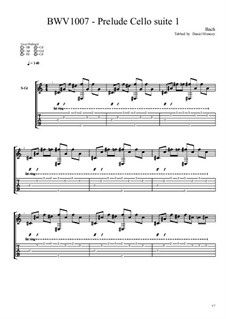 Suite for Cello No.1 in G Major, BWV 1007: Prelude. Version for guitar with tab by Johann Sebastian Bach