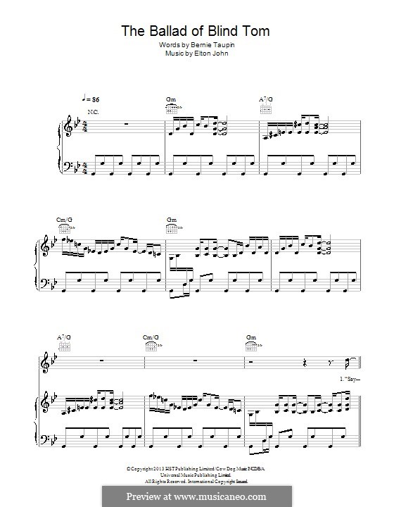 The Ballad of Blind Tom: Para vocais e piano (ou Guitarra) by Elton John
