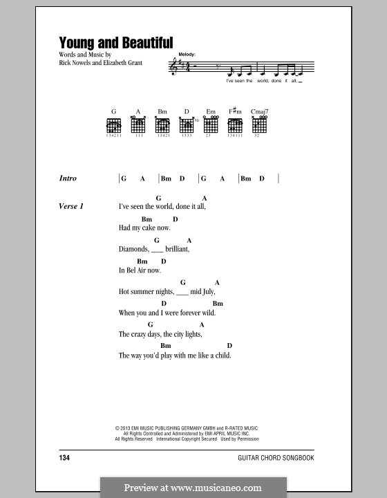 Young and Beautiful (Lana Del Ray): Letras e Acordes by Rick Nowels, Elizabeth Grant
