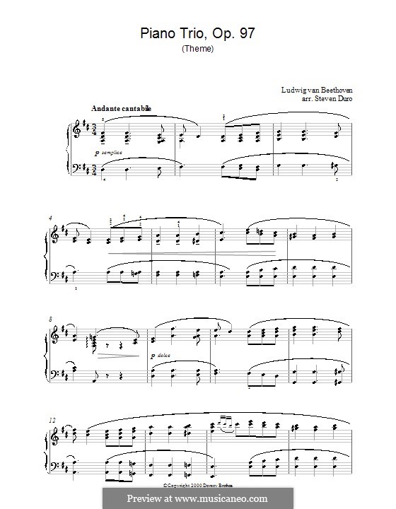 Trio for Violin, Cello and Piano No.7 'Archduke', Op.97: Movement III (Theme). Version for piano by Ludwig van Beethoven