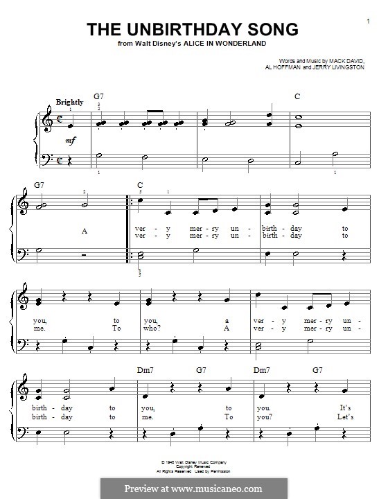 The Unbirthday Song: Para Piano by Al Hoffman, Jerry Livingston, Mack David