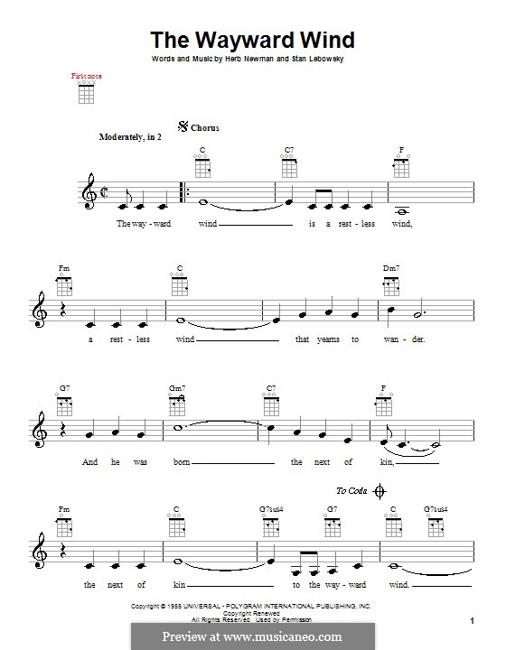 The Wayward Wind (Patsy Cline): para ukulele by Herb Newman, Stan Lebowsky