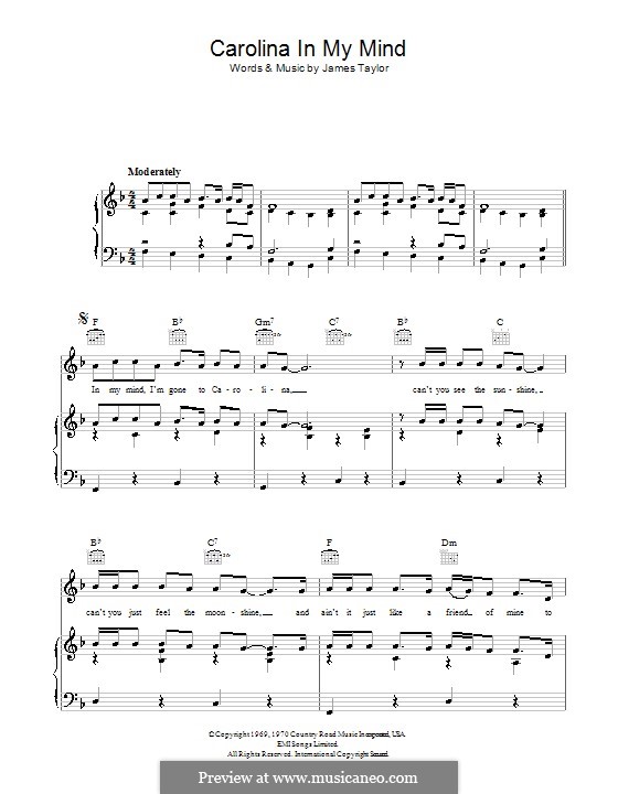 Carolina in My Mind: Para vocais e piano (ou Guitarra) by James Taylor