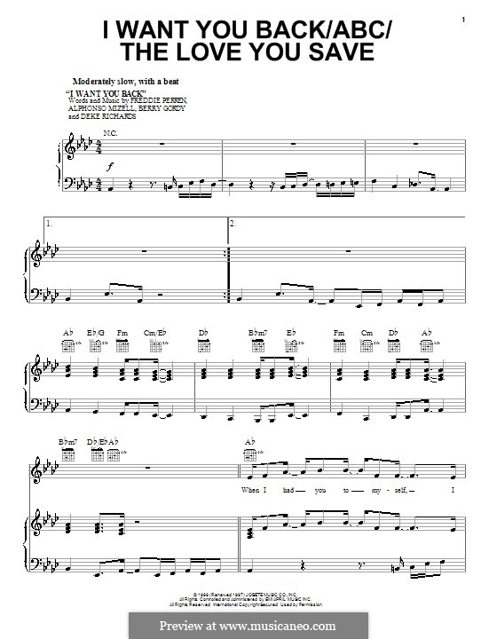 I Want You Back (The Jackson 5): Para vocais e piano (ou Guitarra) by Alphonso Mizell, Berry Gordy, Deke Richards, Freddie Perren