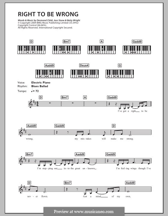 Right To Be Wrong: para teclado by Betty Wright, Desmond Child, Joss Stone