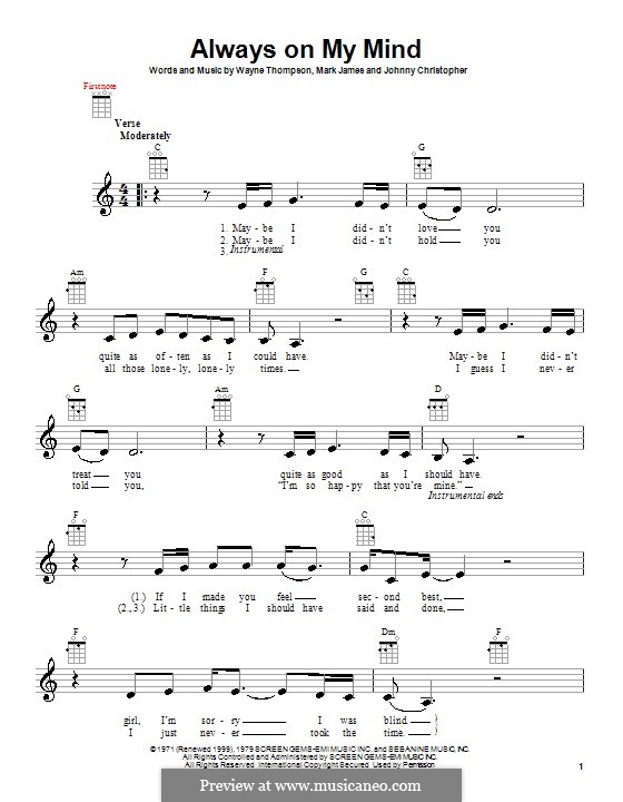 Always on My Mind: para ukulele by Johnny Christopher, Mark James, Wayne Carson Thompson